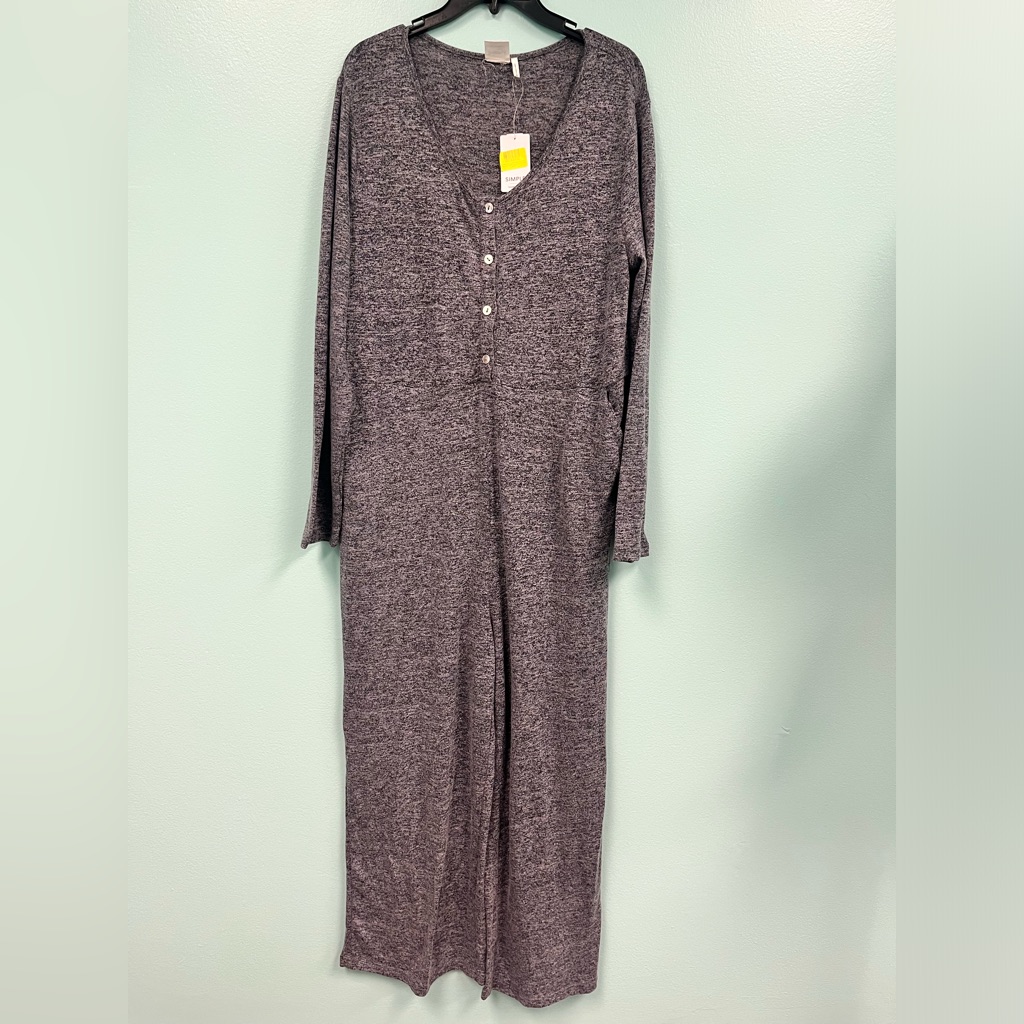 Suzanne Betro Simple Heather Navy Pocket Button-Front Wide Leg Jumpsuit Size Xl
